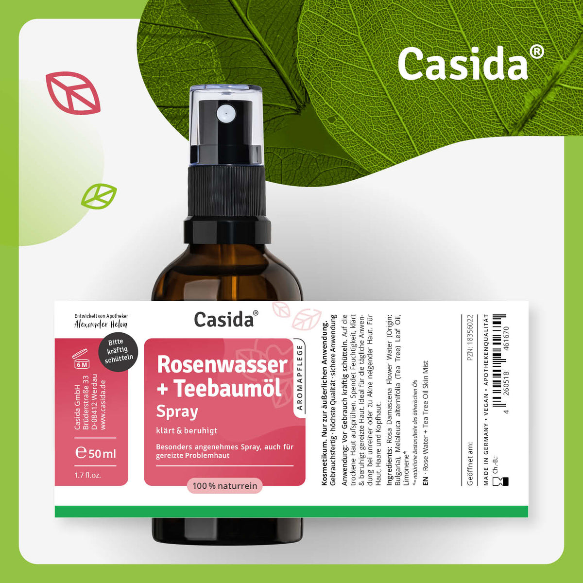 Rosenwasser + Teebaumöl Spray Etikett