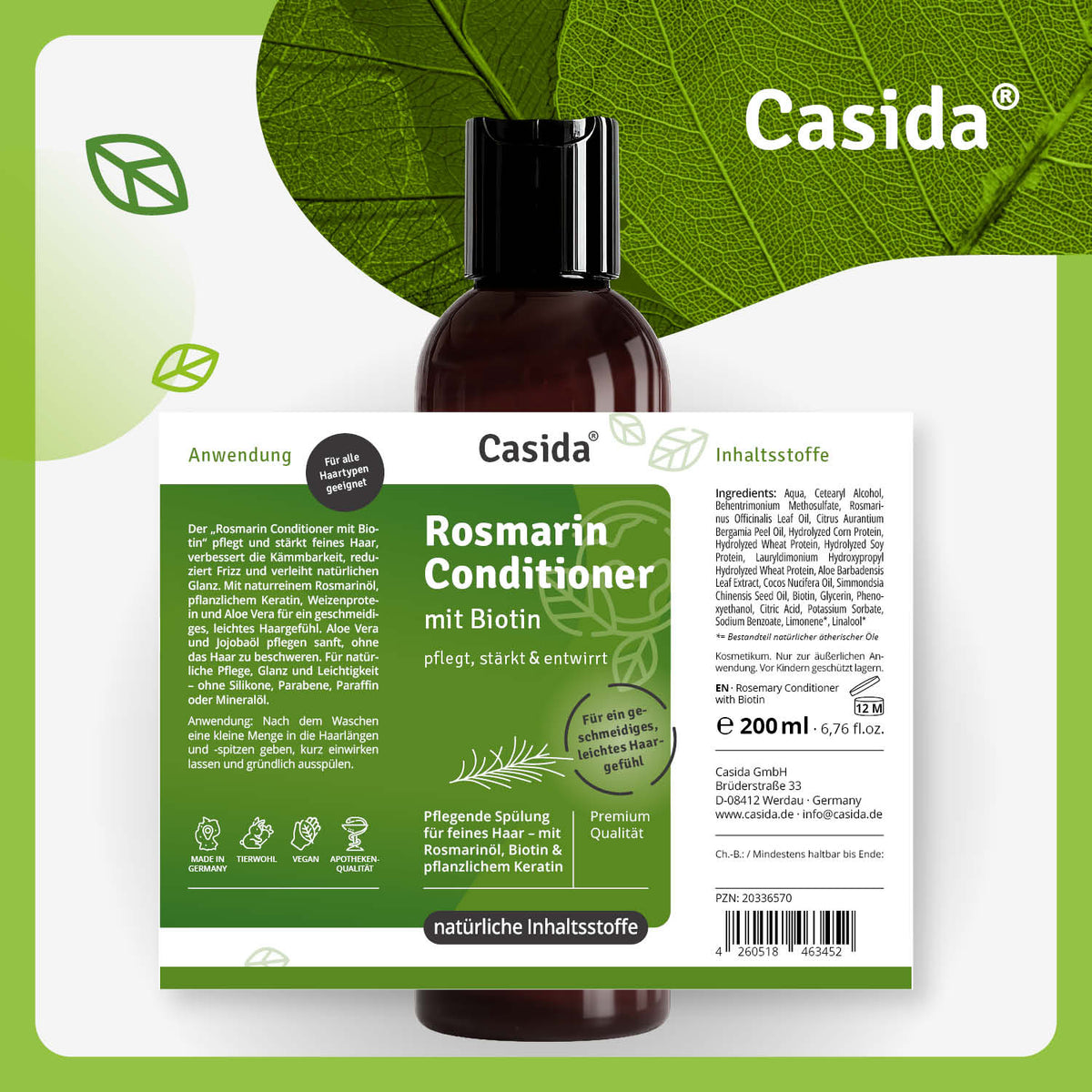 Rosmarin shampoo and conditioner set with biotin, featuring a brown bottle and detailed product label.