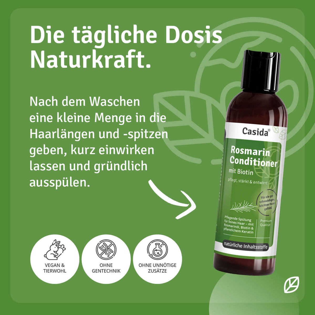Rosmarin shampoo and conditioner set with biotin, featuring green packaging and a pump top, on a green background.