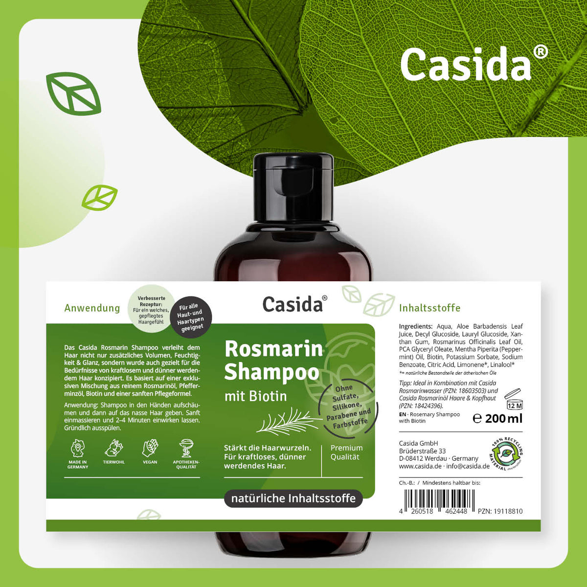 Rosmarin shampoo and conditioner set with biotin, featuring a dark bottle and green label with product details.
