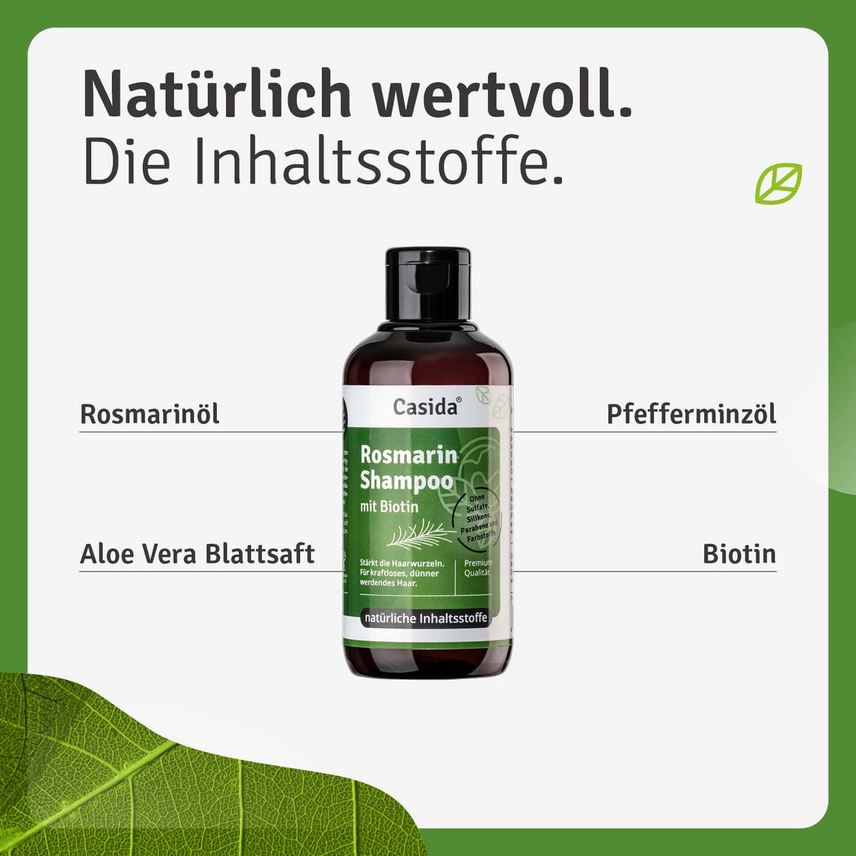 Rosmarin shampoo with biotin, featuring a dark bottle and green label, highlighting natural ingredients and benefits.
