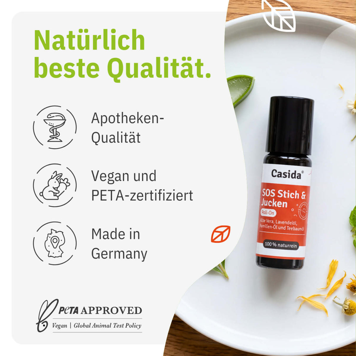 Casida SOS Roll-On Stich & Jucken, black bottle with white and orange label, placed on a light background with herbs.
