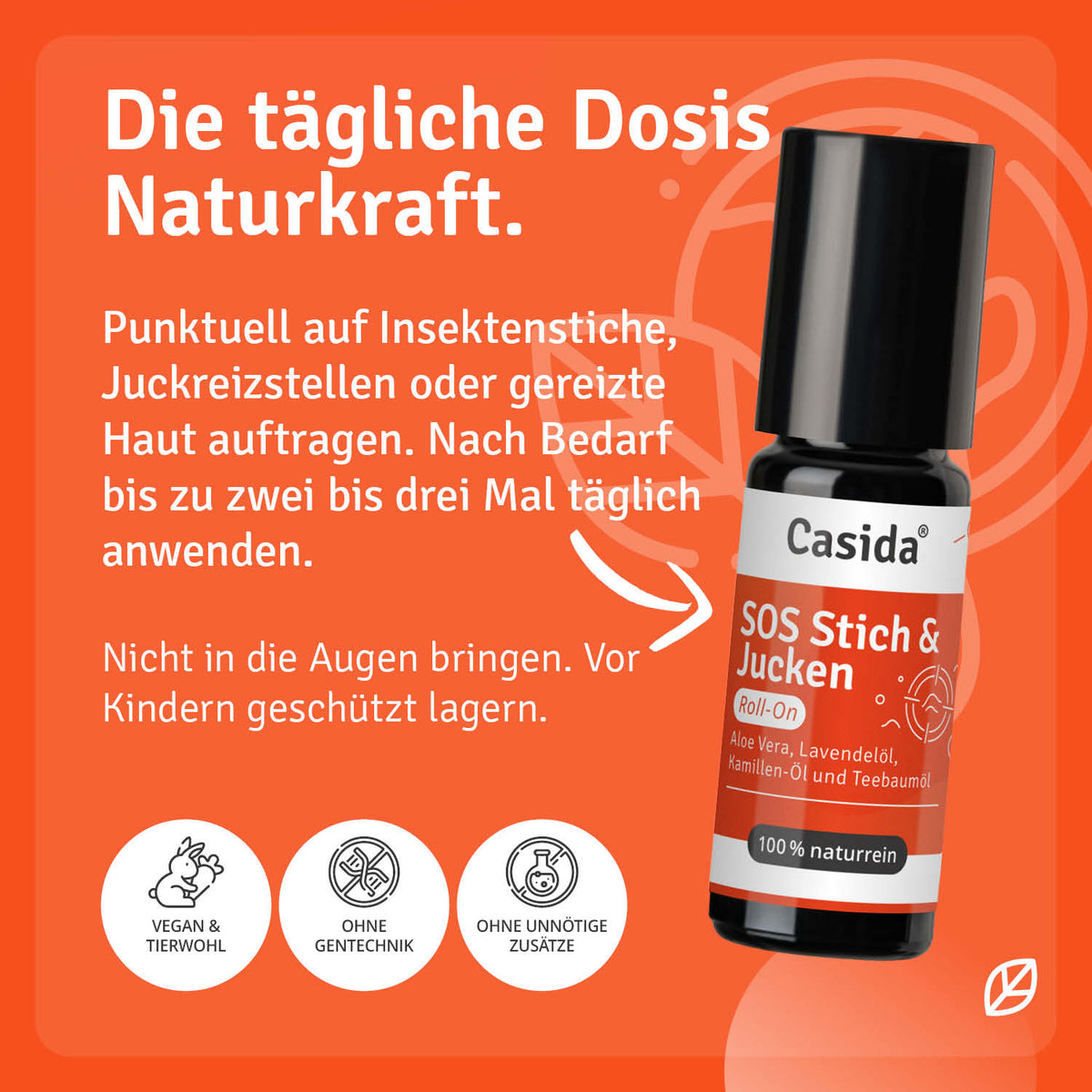 Casida SOS Roll-On for insect bites and itching, featuring a black bottle with a label in German and orange background.