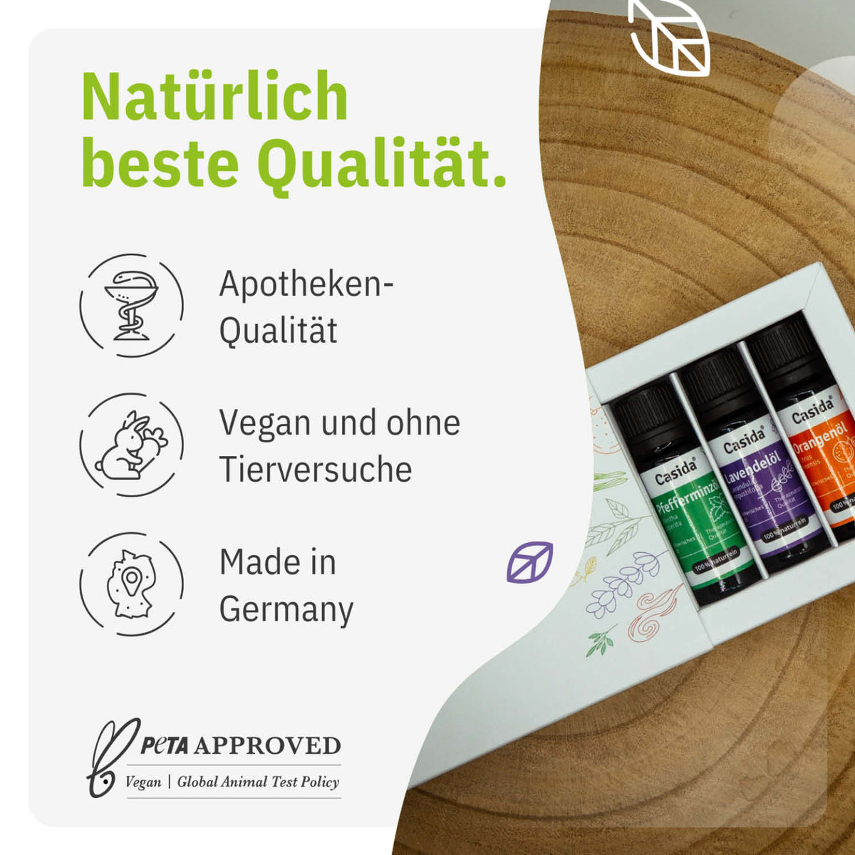 Aroma diffuser set with remote, includes six 10 ml essential oils in a box, featuring green and brown design elements.