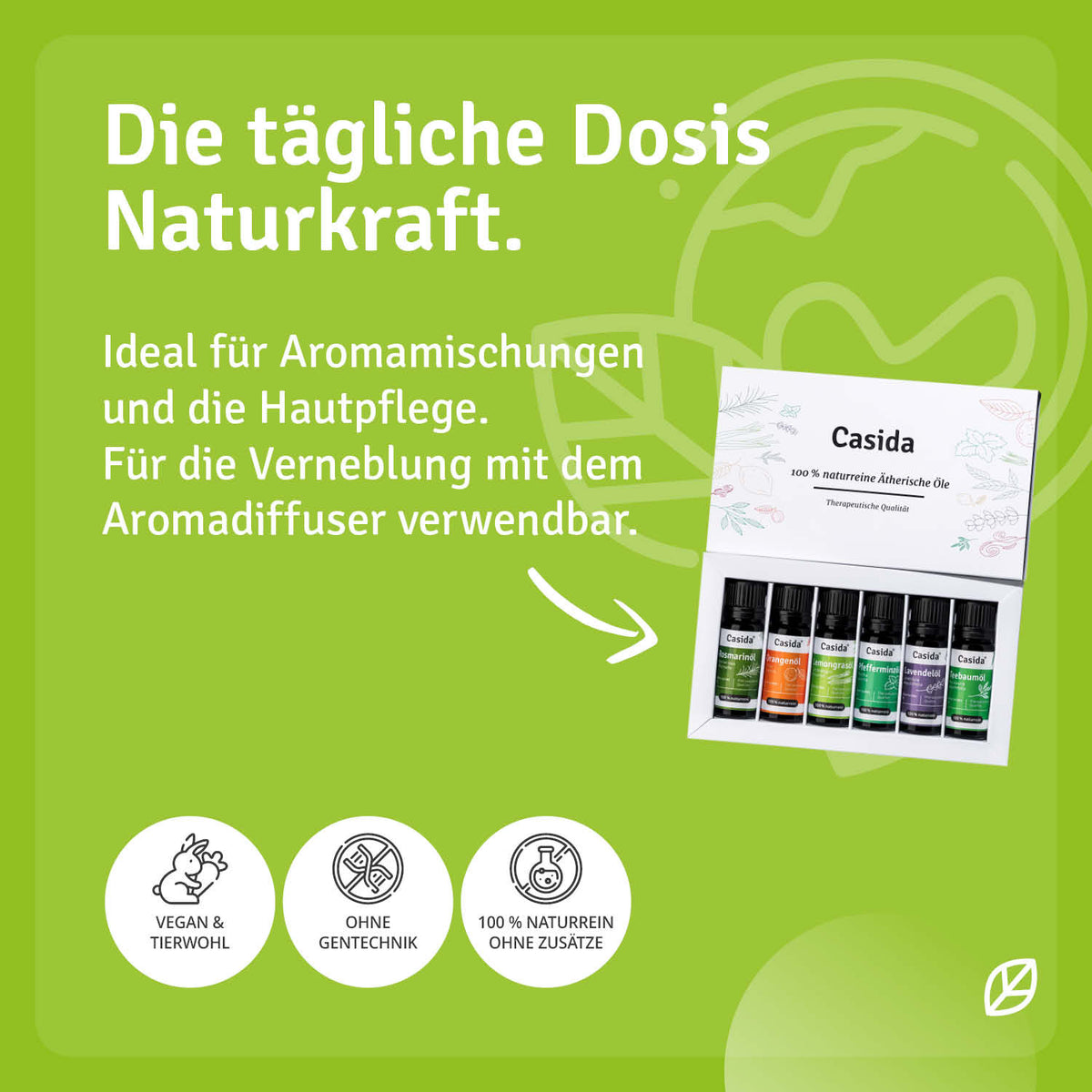 Aroma diffuser set with 500 ml capacity, remote control, and six essential oils displayed on a green background.