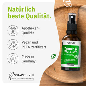 Casida Tannen & Waldluft Raumspray mit Angaben zu veganer Rezeptur und Herstellung in Deutschland