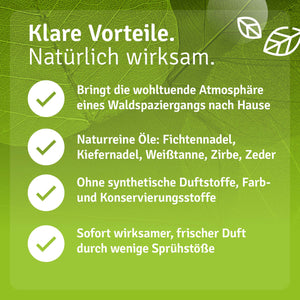 Infografik zu Casida Tannen & Waldluft Raumspray mit Fichtennadel, Kiefer, Weißtanne, Zirbe und Zeder
