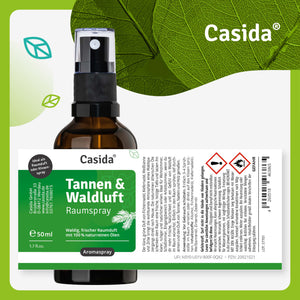 Etikett von Casida Tannen & Waldluft Raumspray, 50 ml, mit Anwendung und Gefahrenpiktogrammen