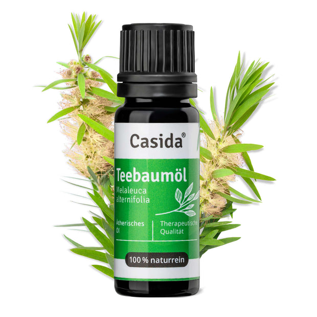 Teebaumöl by Casida in a 10ml bottle, featuring a green label with botanical illustrations and a black cap.