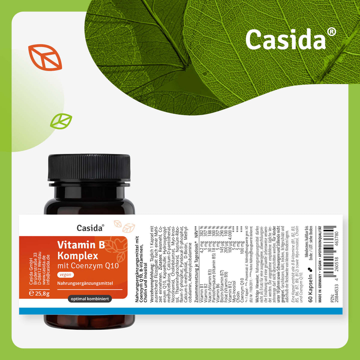 Etikett von Casida Vitamin B Komplex mit Coenzym Q10 mit Zutaten und Einnahmehinweisen