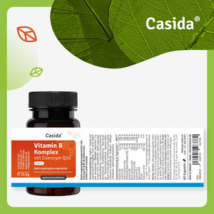 Etikett von Casida Vitamin B Komplex mit Coenzym Q10 mit Zutaten und Einnahmehinweisen