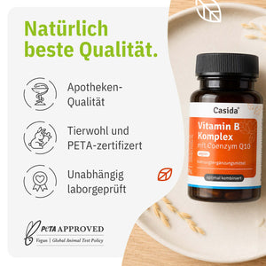 Casida Vitamin B Komplex mit Coenzym Q10 mit Hinweisen zu Laborprüfung und PETA-Zertifizierung