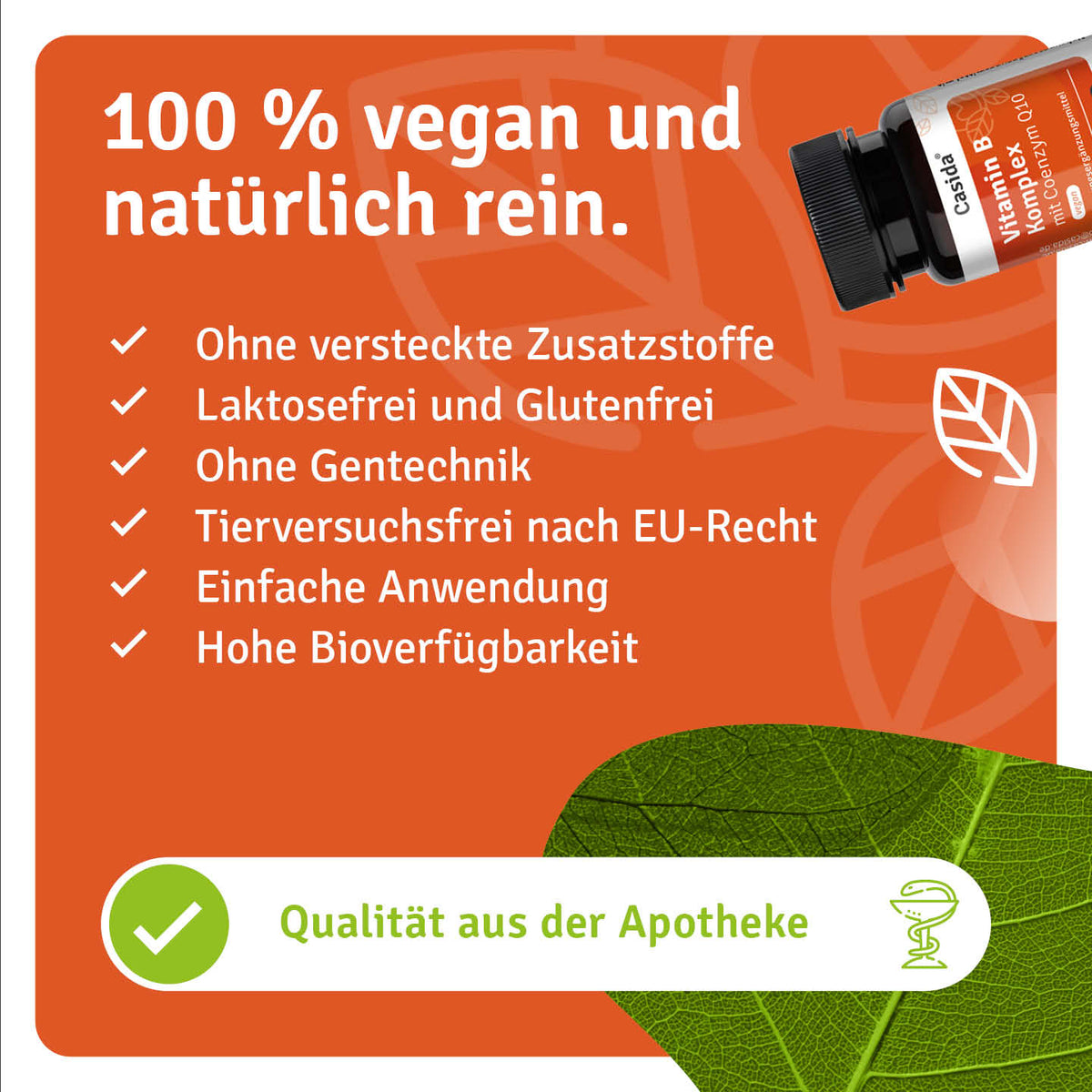 Infografik zur veganen Zusammensetzung von Casida Vitamin B Komplex mit Coenzym Q10