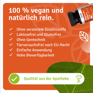 Infografik zur veganen Zusammensetzung von Casida Vitamin B Komplex mit Coenzym Q10
