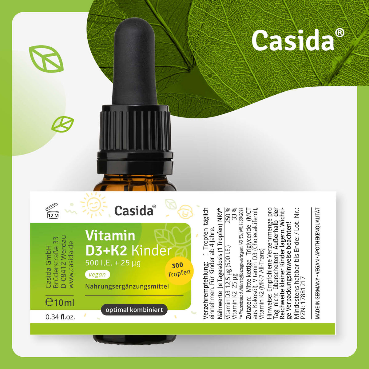 Vitamin D3+ K2 Tropfen für Kinder Vegan Etikett
