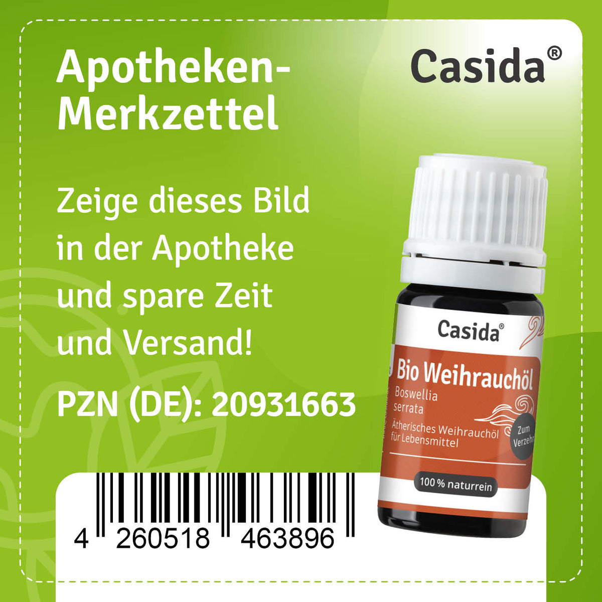 Apotheken-Merkzettel für Casida Bio Weihrauchöl, PZN 20931663