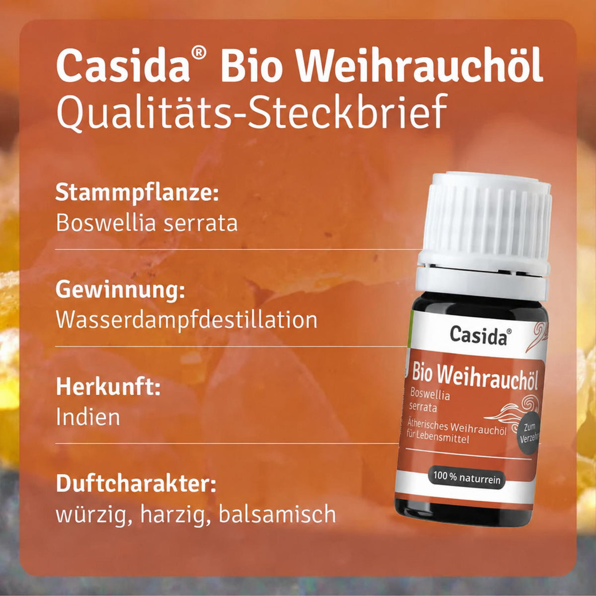 Casida Bio Weihrauchöl neben einem Steckbrief zu Boswellia serrata, Gewinnung, Herkunft und Duft