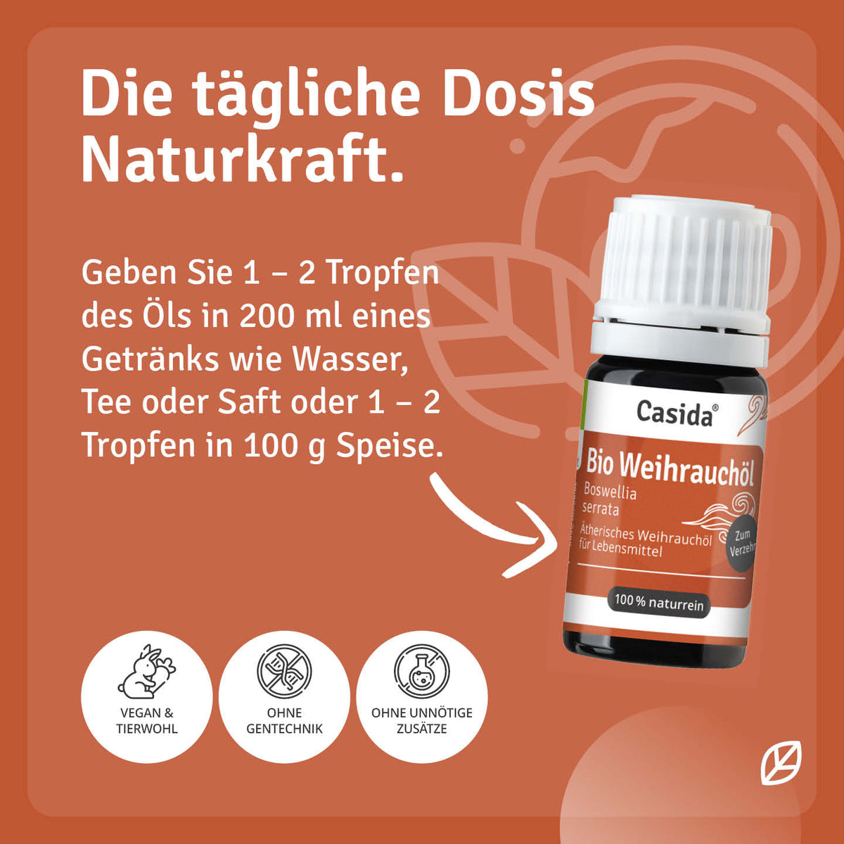 Dosierungshinweise für Casida Bio Weihrauchöl zum Aromatisieren von Speisen und Getränken