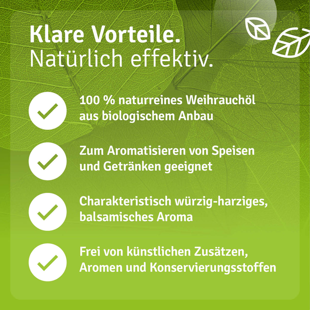 Infografik zu Casida Bio Weihrauchöl mit Angaben zu Bio-Anbau und würzig-harzigem Aroma