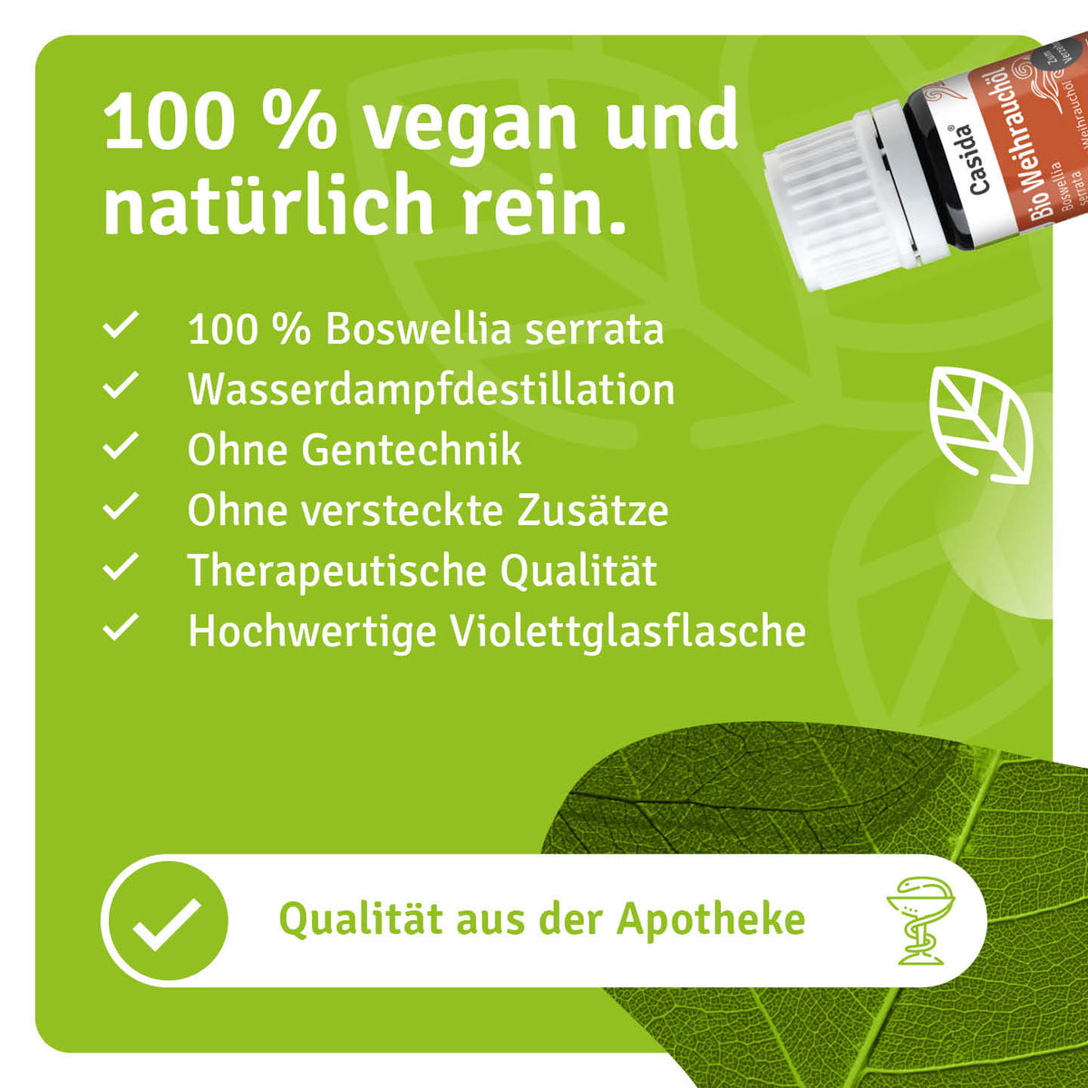 Casida Bio Weihrauchöl mit Angaben zu Boswellia serrata, Wasserdampfdestillation und Verpackung