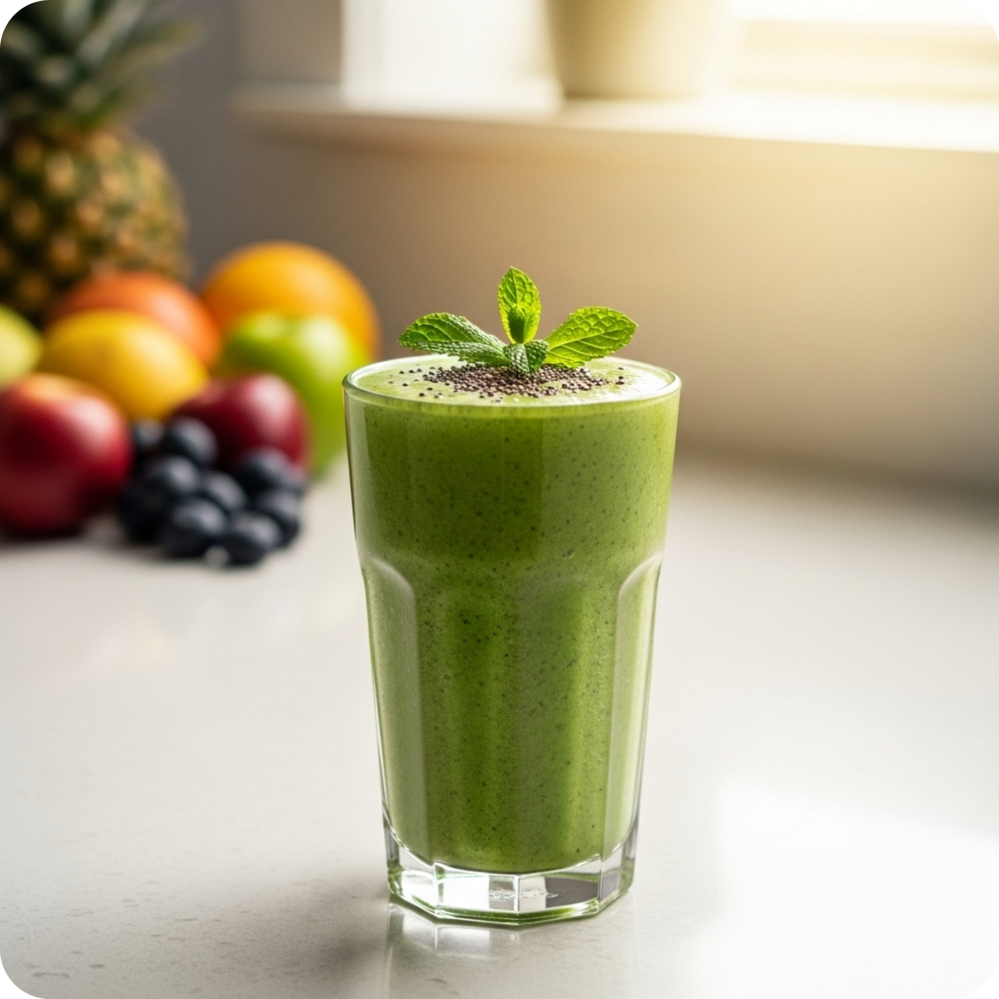Green smoothie topped with mint leaves, surrounded by various fruits including apples, oranges, and blueberries.