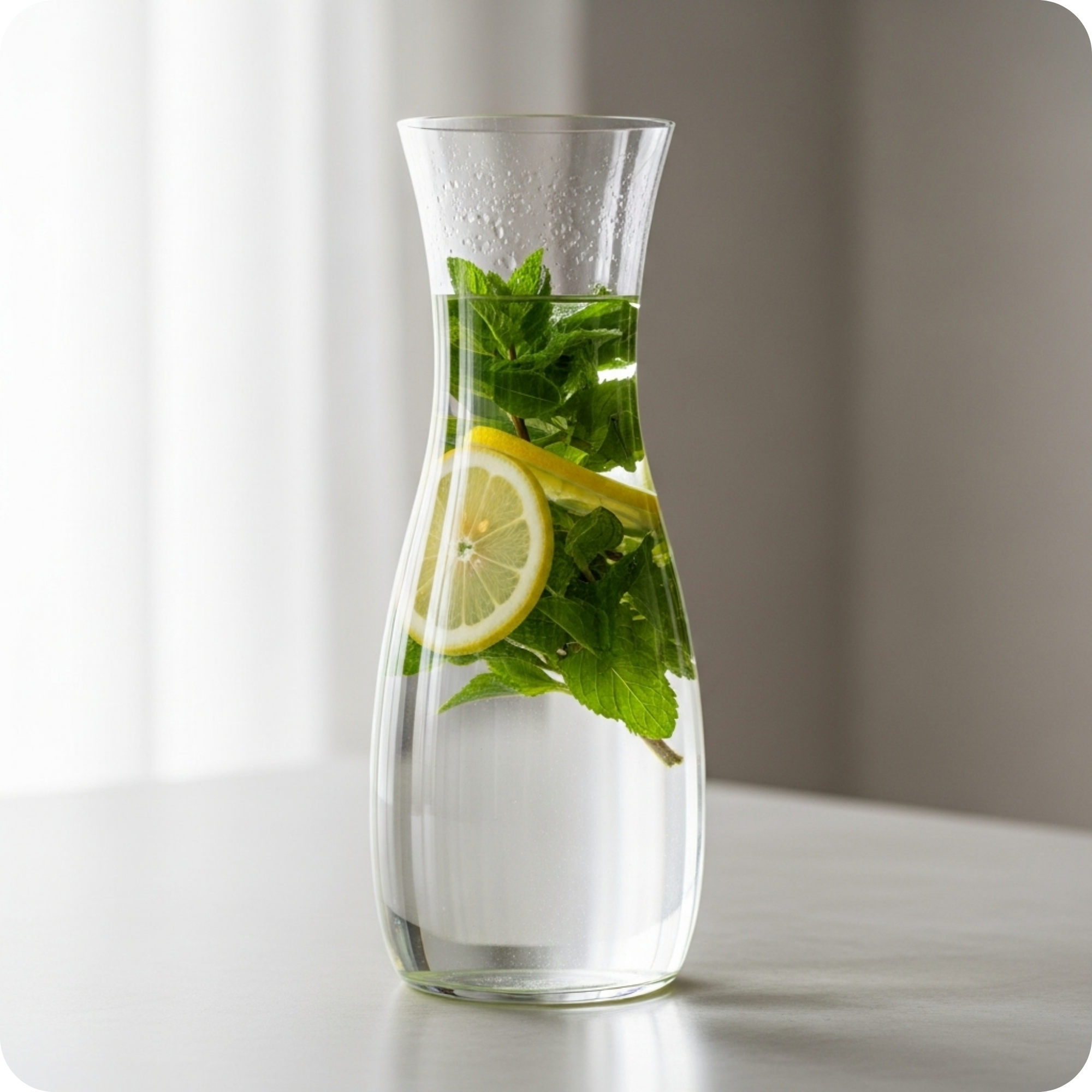 A glass carafe filled with water, lemon slices, and fresh mint leaves.