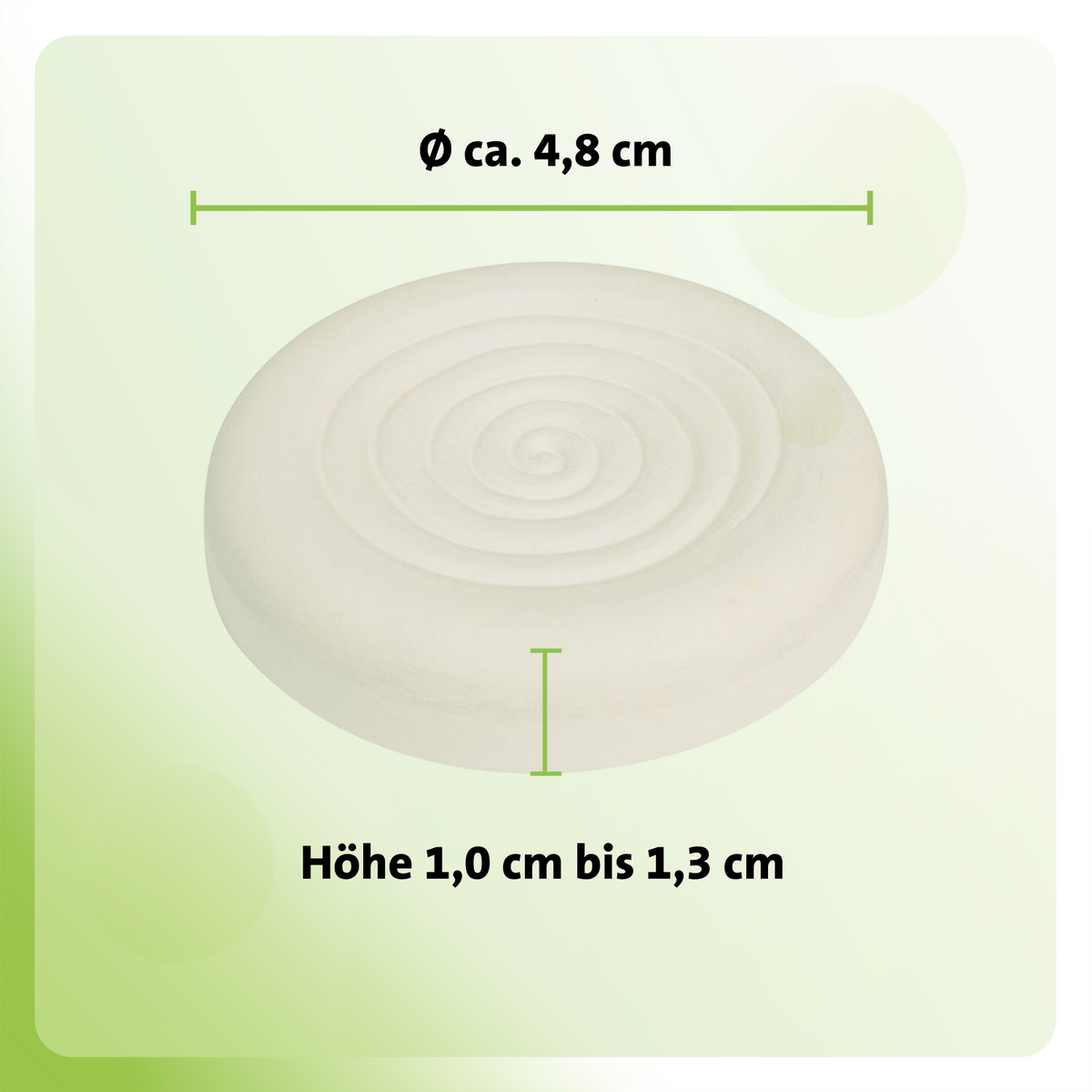 Runder weißer Casida Duftstein mit Spiralrelief, etwa 4,8 cm Durchmesser und 1 bis 1,3 cm Höhe