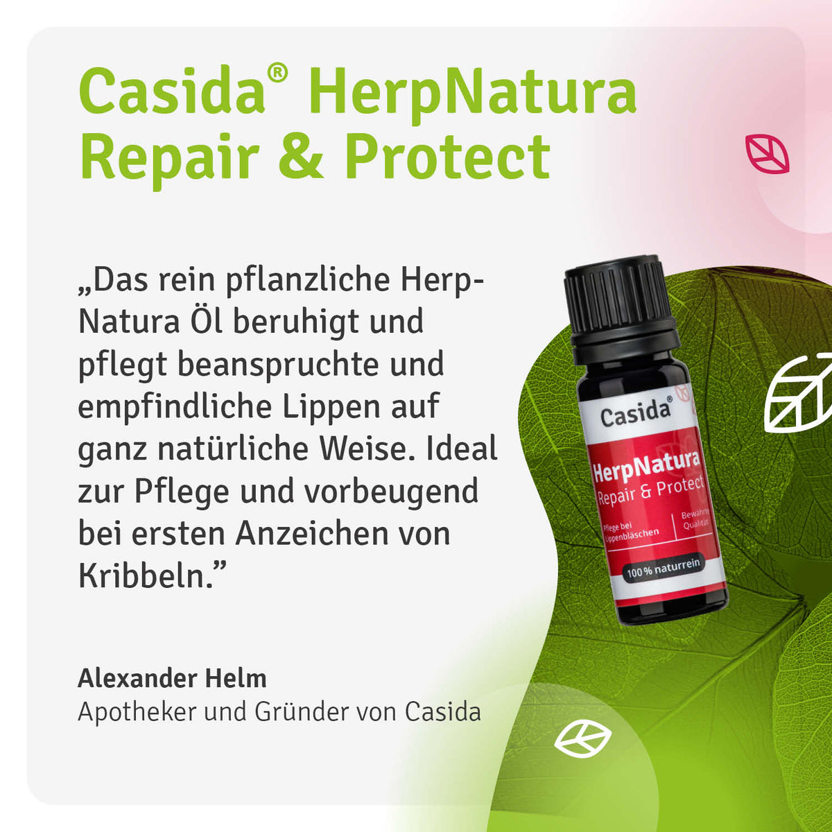 HerpNatura Repair & Protect oil in a black bottle with a red label, featuring green leaf graphics in the background.