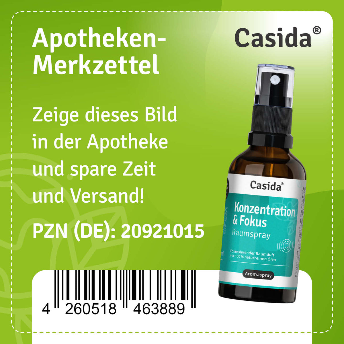 Apotheken-Merkzettel für Casida Konzentration & Fokus Raumspray, PZN 20921015
