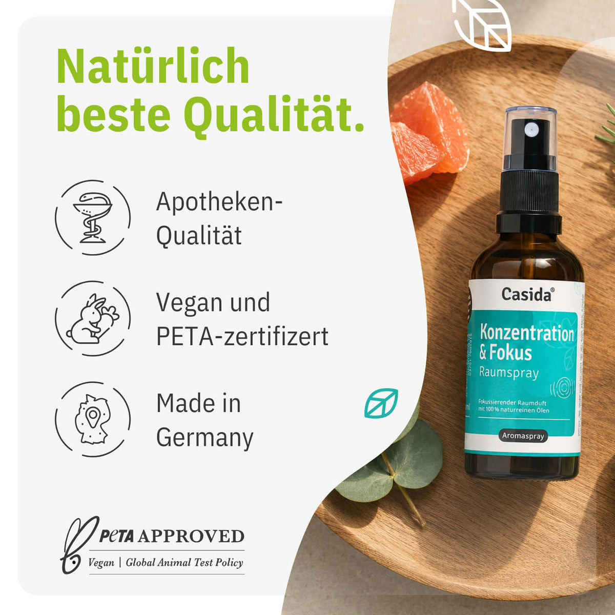 Casida Konzentration & Fokus Raumspray mit Angaben zu veganer Rezeptur und Herstellung in Deutschland