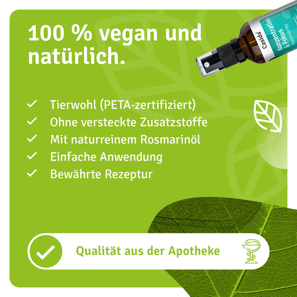 Casida Konzentration & Fokus Raumspray mit Angaben zu veganer Rezeptur und naturreinem Rosmarinöl