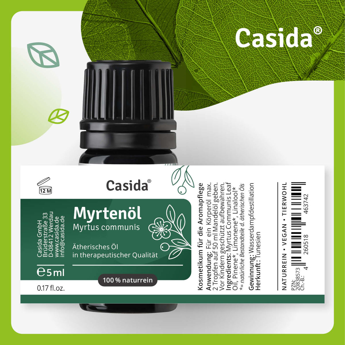 Etikett von Casida Myrtenöl, 5 ml, mit Inhaltsstoffen und Anwendungshinweisen