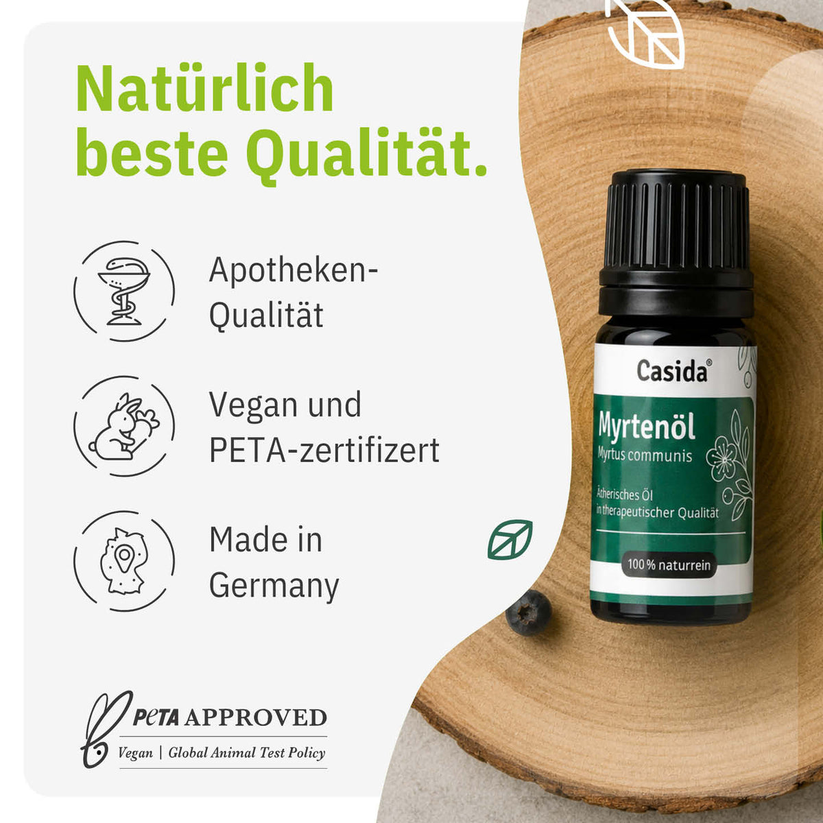 Casida Myrtenöl mit Angaben zu veganer Rezeptur und Herstellung in Deutschland
