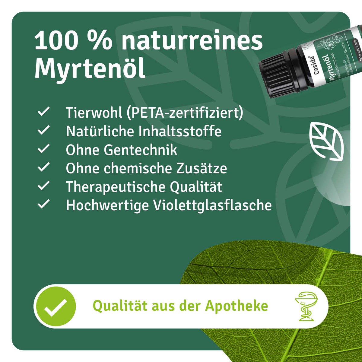 Casida Myrtenöl mit Angaben zu Inhaltsstoffen, PETA-Zertifizierung und Violettglasflasche
