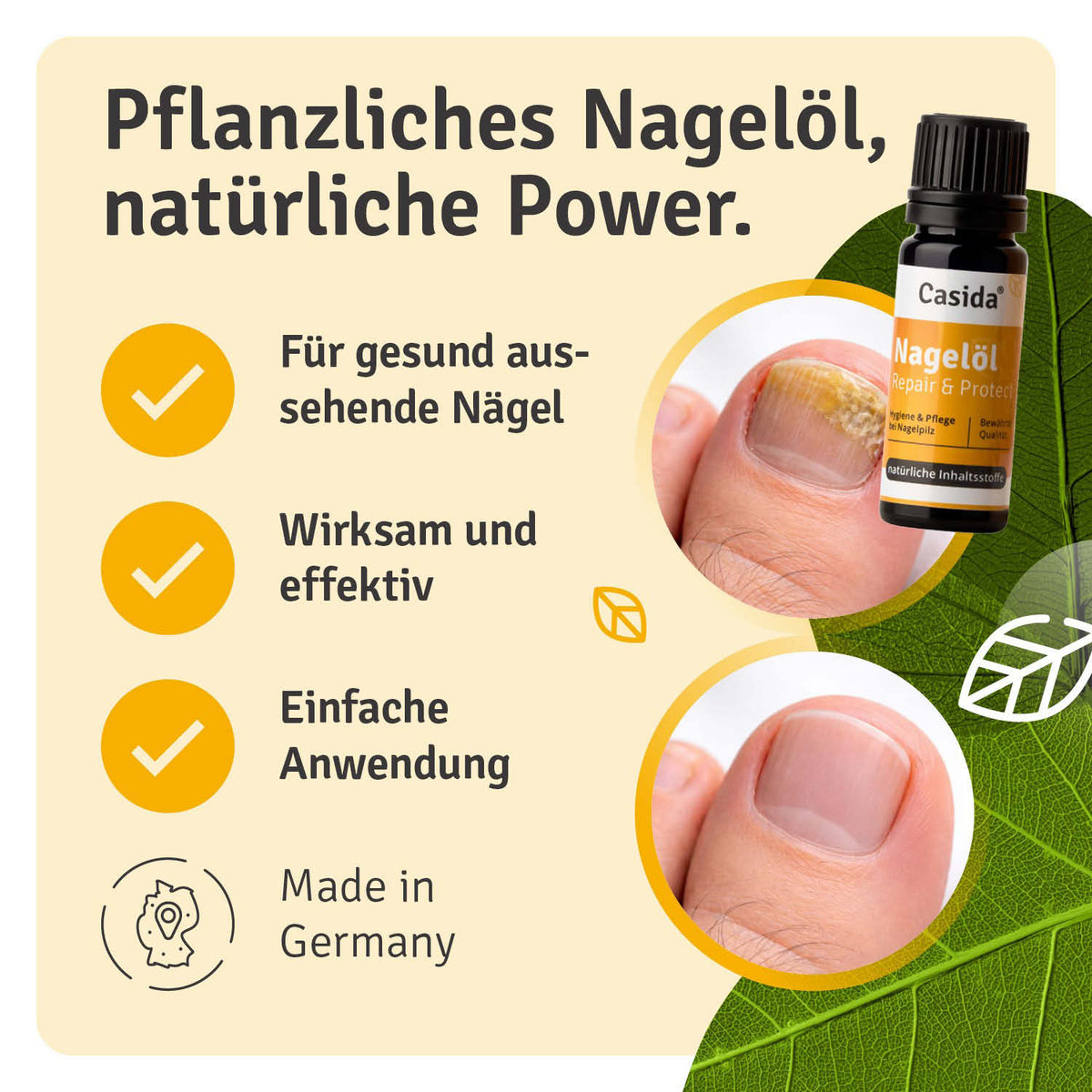 Casida Repair & Protect nail oil bottle with a brown cap, featuring a label with text and a thumb showing healthy nails.