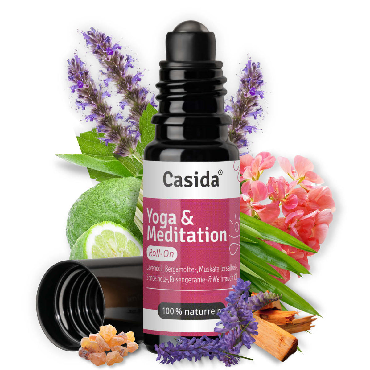 Casida yoga and meditation roll-on with a black cap, featuring lavender, bergamot, and other floral elements in the backgr...