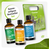 Saunaaufguss Bestseller Set by Casida with three bottles: Walduft, Zitrusraum, and Atme durch mit Menthol.