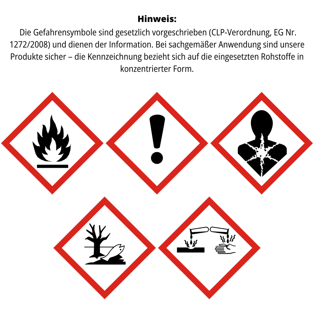 Hazard symbols for sauna oil indicating flammability, health risks, and environmental concerns in a square layout.