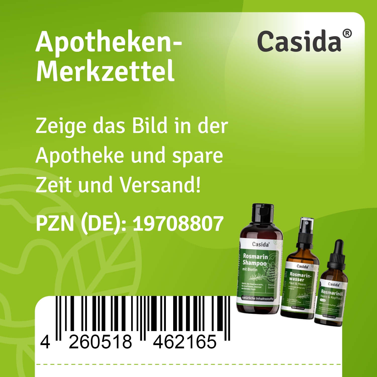 Casida Rosmarin hair care set featuring shampoo, conditioner, and treatment bottles with green labels and barcode.