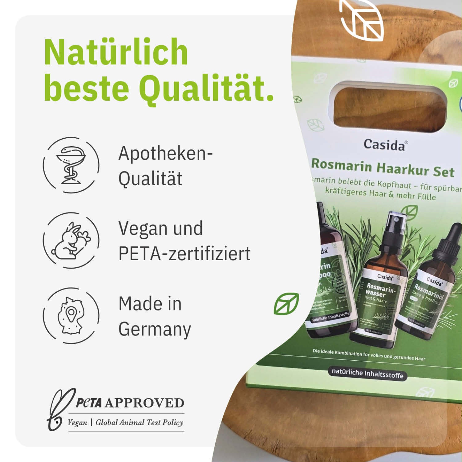 Casida Rosmarin Haarkur set displayed with three bottles on a green background, highlighting vegan and PETA-certified labels.