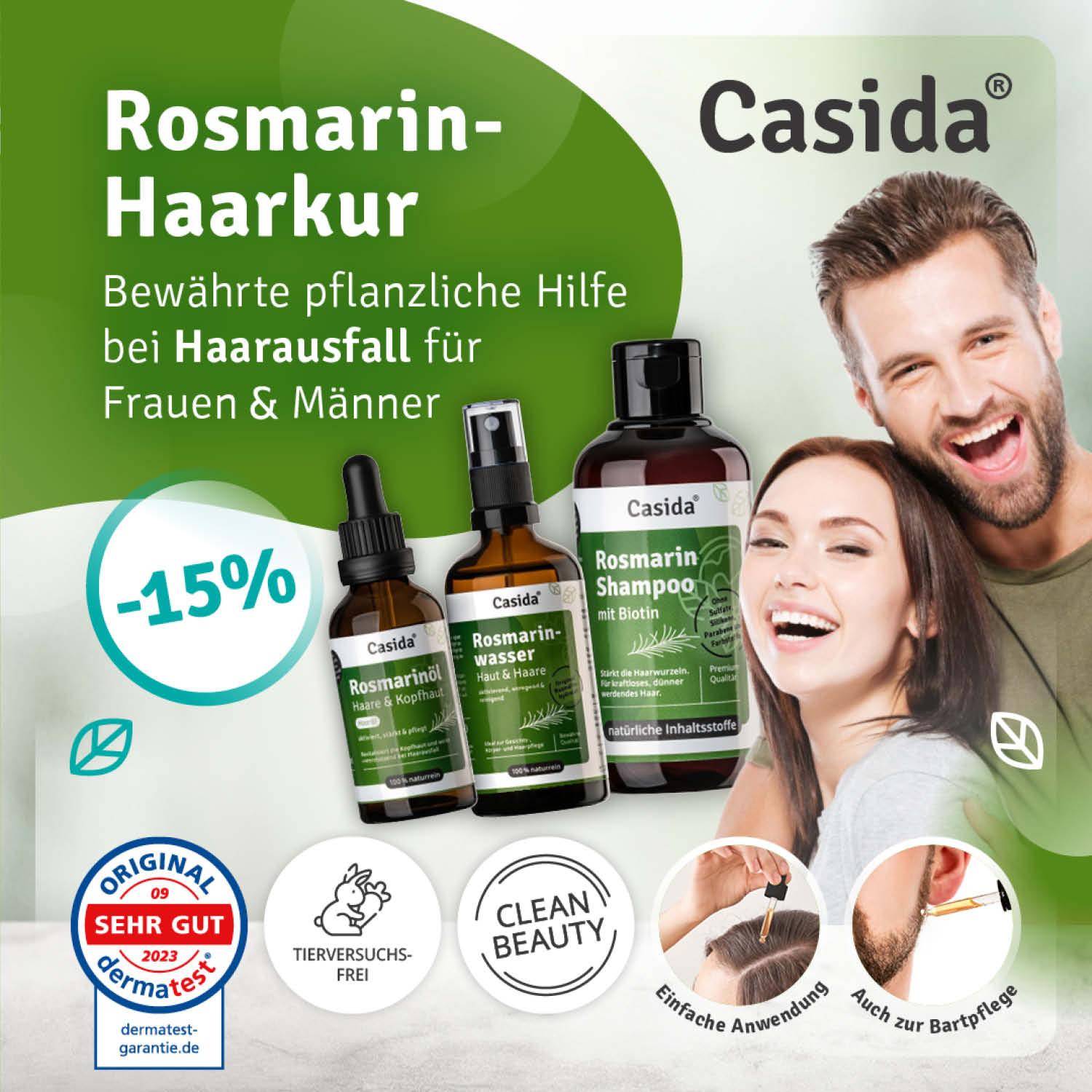 Casida Rosmarin hair care set featuring shampoo, water, and treatment for hair loss, with green and brown packaging.