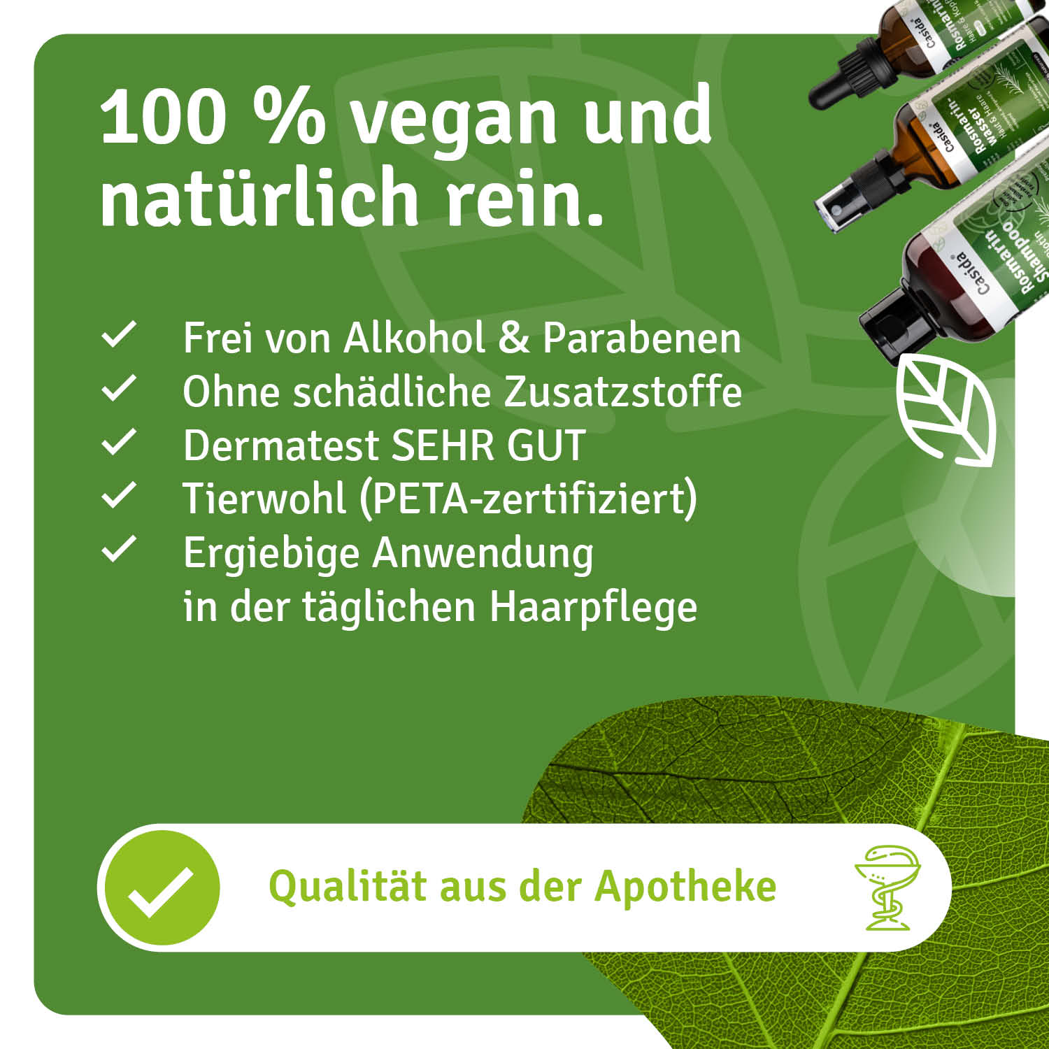 Casida Rosmarin Haarkur set featuring vegan hair care products with green packaging and a leaf background.