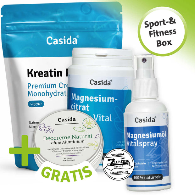 Sport & Fitness Box Magnesiumcitrat Pulver Vital Fußspray BioFit Magnesiumöl Vitalspray Deocreme Natural