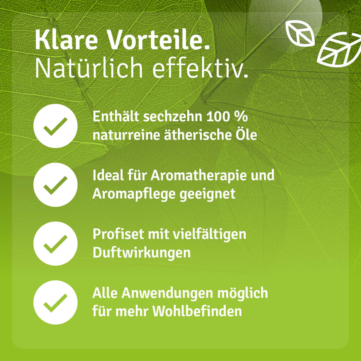 TOP 16 ätherische Öle Set displayed with green leaves, featuring text on benefits and uses of the oils.