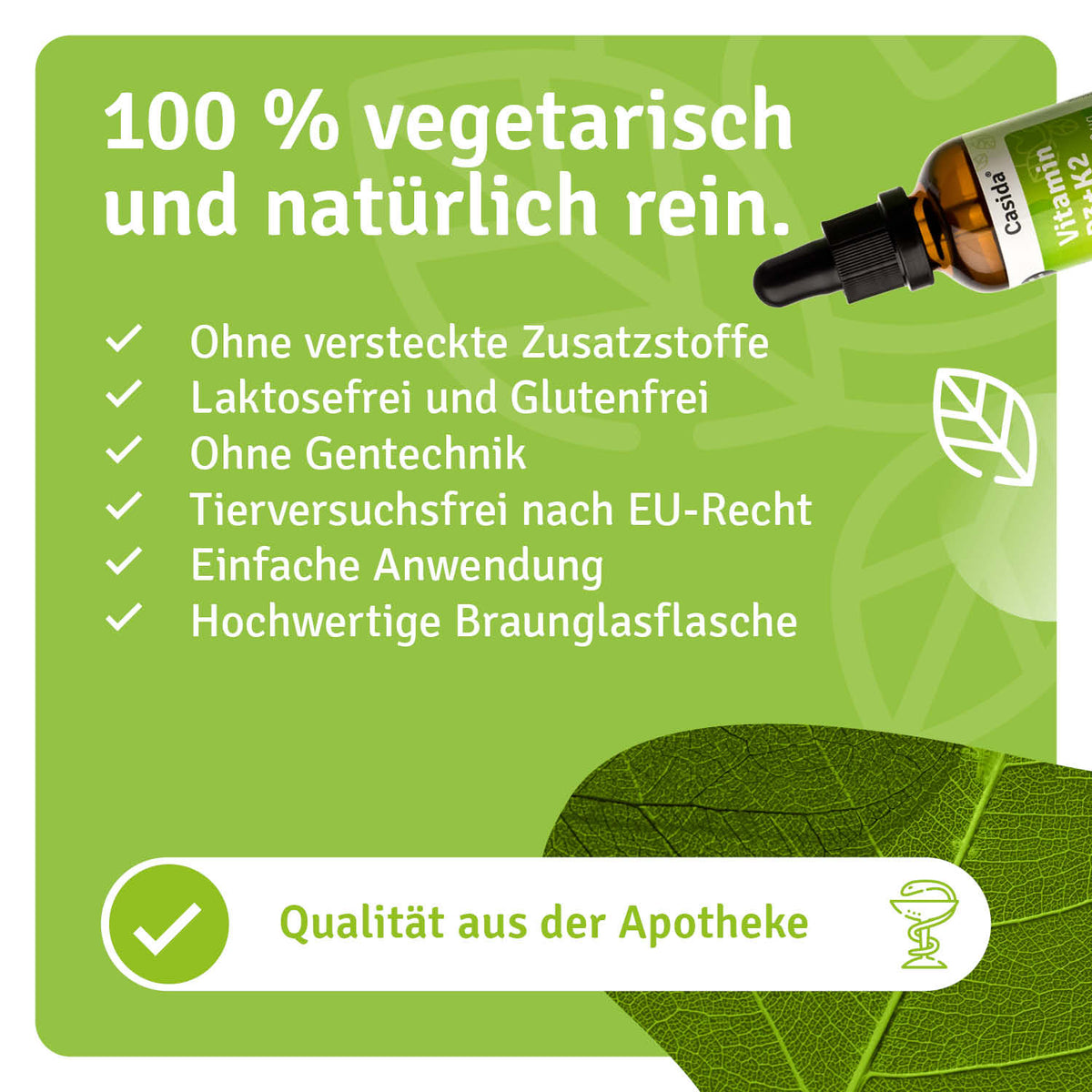 Vitamin D3 + K2 drops in a brown glass bottle, with green label and white text, highlighting vegan and natural ingredients.