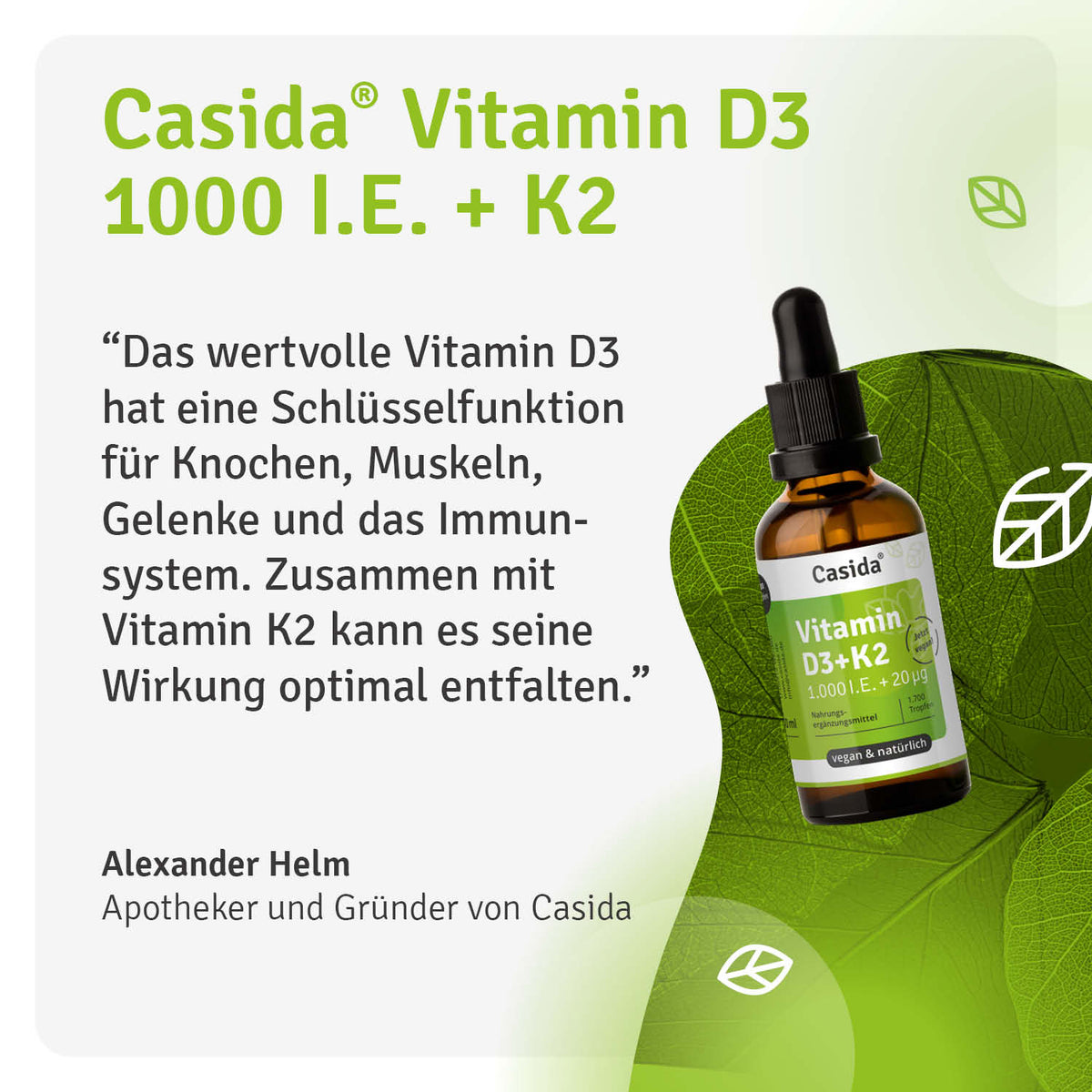 Casida Vitamin D3 + K2 drops, 50 ml bottle with green label and dropper, on a light background with leaf patterns.