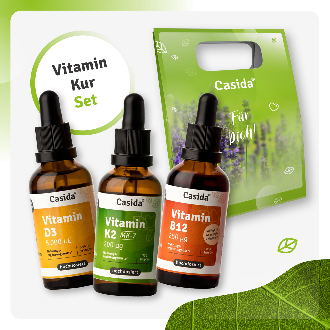 Casida Vitamin Kur Set includes three dropper bottles: Vitamin D3, K2 MK-7, and B12, alongside a green gift bag.