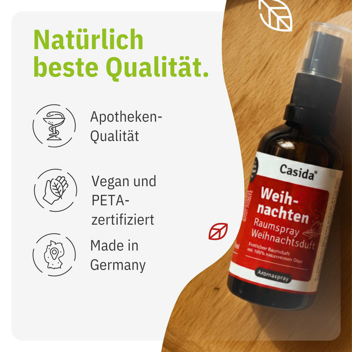 Weihnachten raumspray in a brown bottle with a black spray nozzle, featuring red and white label details.
