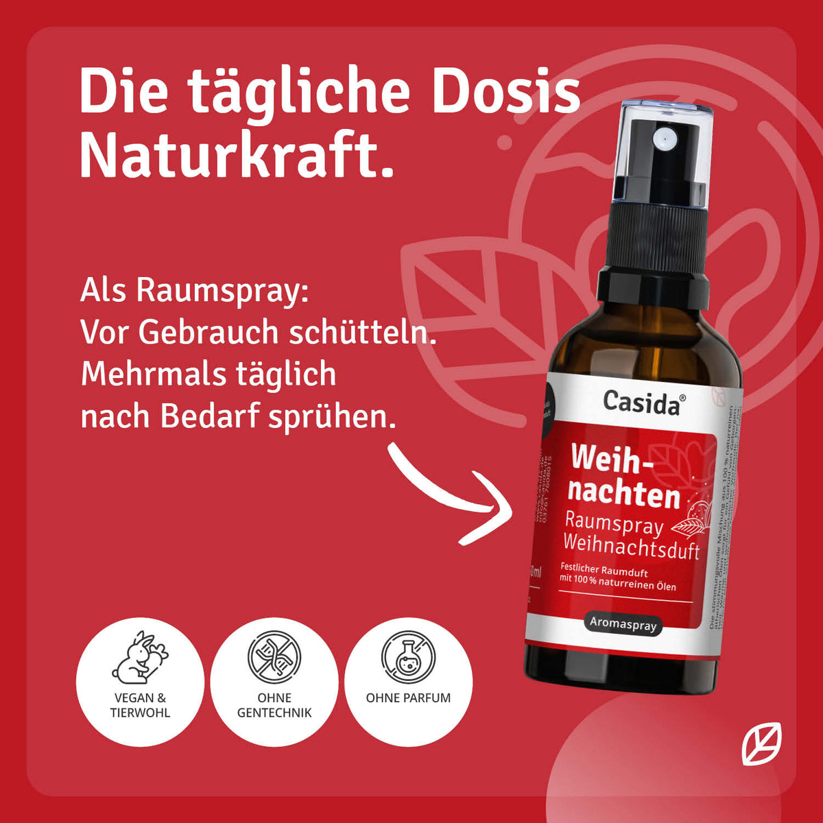Casida Weihnachten raumspray bottle with red label, featuring a spray nozzle and text about natural ingredients.