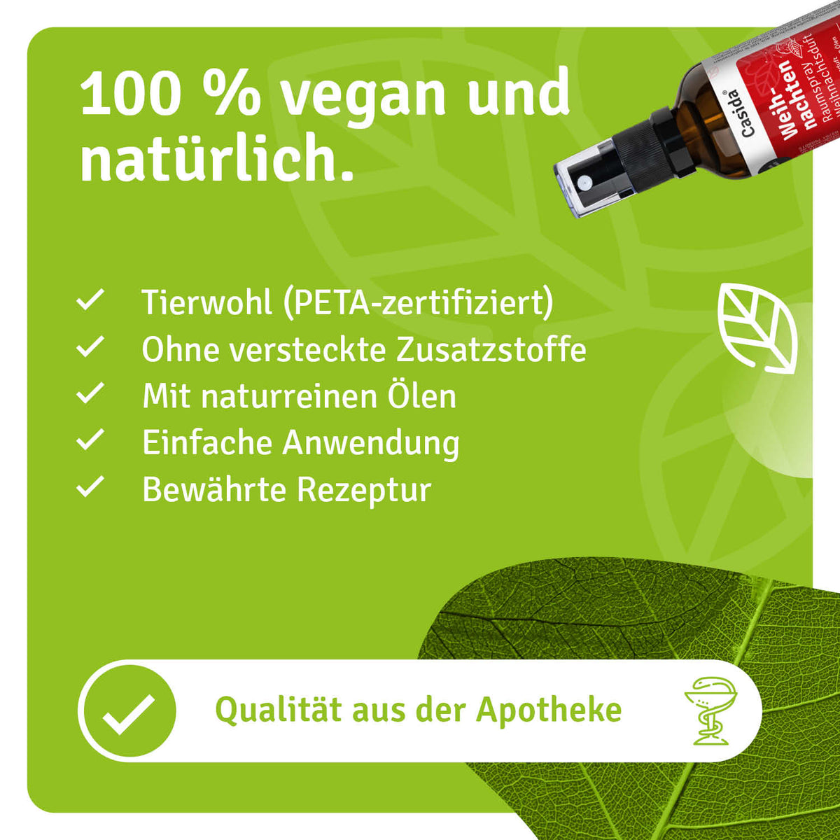 Weihnachten raumspray in a brown bottle with a spray nozzle, featuring green leaves and text about its vegan ingredients.